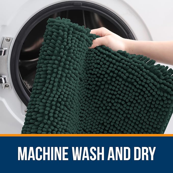 OLANLY Bathroom Rugs Sets 2 Piece, Soft Absorbent Chenille Bath Mats and U-Shaped Contour Toilet Rug Set, Machine Washable Bath Carpet, Home Decor Accessories(24"x16"+24"x20", Blackish Green)