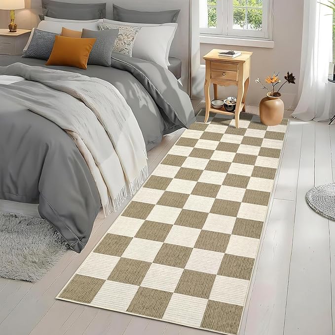GarveeHome 2x6 Kitchen Runner Rug Non Slip Washable Area Rug for Front Door, Entryway, Hallway, Distressed Checkered Mat Low Pile Neutral Area Rug Stain Resistant Farmhouse Rugs Beige and Brown Rug