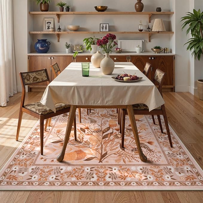 Anidaroel Machine Washable Rugs for Living Room 5x7, Brown Botanical Large Area Rug, Stain Resistant Dining Room Rugs for Under Table, Non Slip Soft Bedroom Rug Indoor Carpet for Dorm
