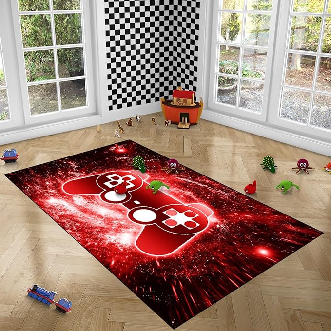 BATATADOCE Video Game Rug, 3D Printed Gamepad Controller Area Rugs for Bedroom Boys Living Room Red Large Cool Gamer Rugs Gaming Art Design Home Decor Crystal Doormat Yoga Mats, 47"x39"