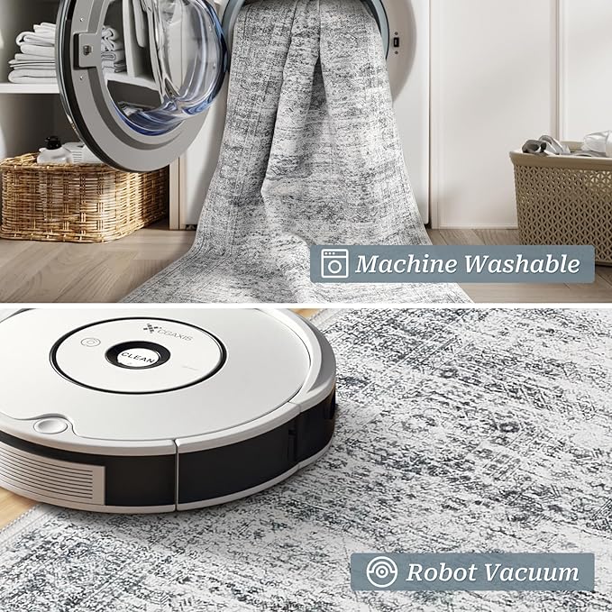 2x5 Rug Runner Washable for Entryway, Soft Bathroom Rugs with Non-Slop Backing, Abstract Low Pile Hallway Runner, Vintage Small Kitchen Carpet for Stair, Laundry Room(2'x5', Grey/Ivory)