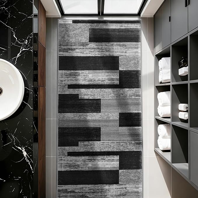 2x6 Washable Runner Rug for Hallway&Kitchen,Non-Slip Long Carpet with Vintage Checkered Design,Ultra-Thin Low Pile,Stain Resistant Easy Clean Floor Mat for High Traffic Areas(2x6,Gray)