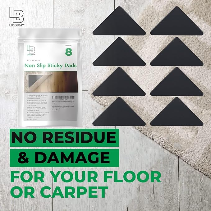 Ledgebay Rug Pad Grippers for Area Rugs - Multi Pack Reusable, No Skid, Washable, Anti-Slip, Rug Pad Gripper for Hardwood Floors and Tile with Double-Sided, Self Adhesive to Keep Area Rugs Flat (8)