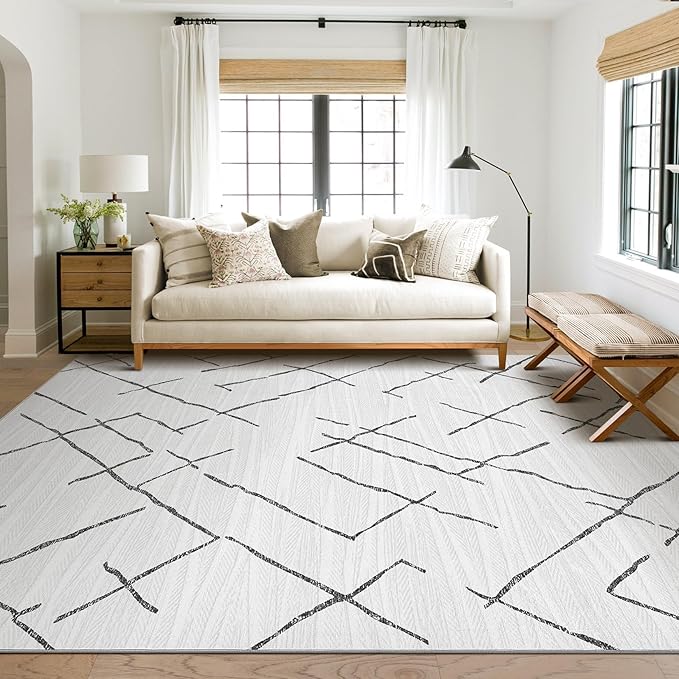 Area Rug Living Room Rugs - 8X10 Washable Boho Farmhouse Bohemian Neutral Large Moroccan Geometric Soft No Slip Indoor Thin Floor Carpet for Bedroom Under Dining Table Home Office - Light Grey