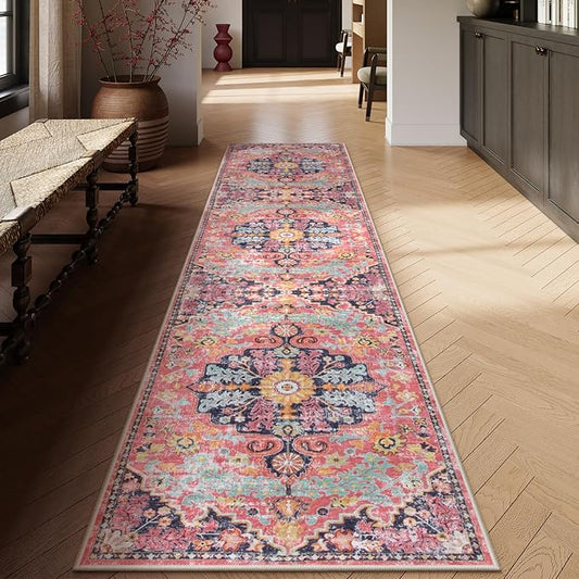 Lahome Boho 2'8"x10' Washable Hallway Kitchen Runner Rugs with Rubber Backing, Bohemian Non-Slip Soft Kitchen Runners, Non-Shedding Faux Wool Stair Carpet Runner for Hall Bathroom, Fuchsia/Multi