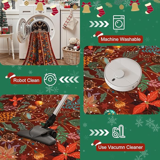 Anidaroel Christmas Area Rug 5x7, Botanical Floral Washable Xmas Rugs for Living Room Holiday Decor, Non-Slip Soft Modern Bedroom Rug, Low Pile Indoor Throw Carpet for Nursery, Home Office, Red