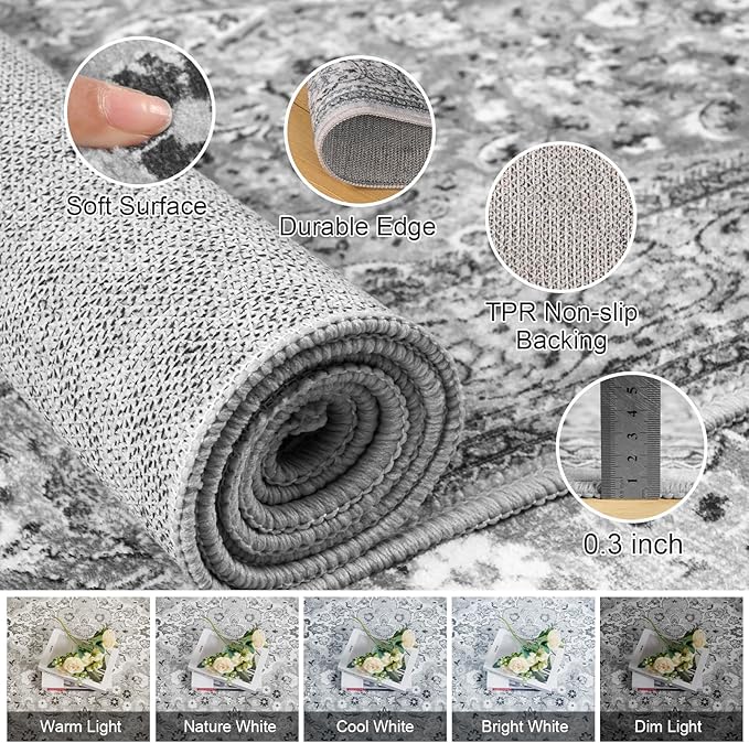 5x7 Grey Washable Boho Area Rug for Bedroom, Vintage Floral Non Slip Living Room Rugs, Soft Low Pile Indoor Mat, Aesthetic Pattern Carpet for Kitchen and Dining Room