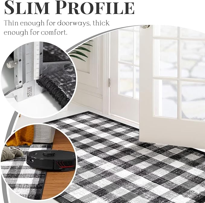 COLORPAPA Checkered Area Rug 4 Ft, Washable Round Rugs for Living Room, Modern Neutral Non Slip Indoor Carpet for Bedroom Office Patio Dining Room (Black and White)