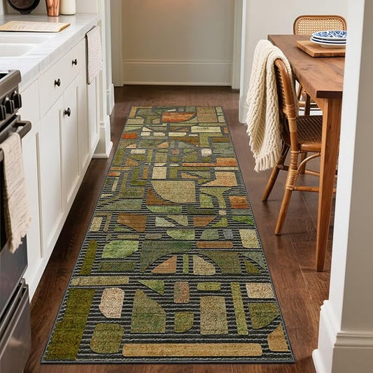 DEXDE 2x6 Runner Rug for Hallway, Washable Abstract Non Slip Low Pile Throw Vintage Checkered Rugs Soft Modern Indoor Carpet for Kitchen Bedroom Bathroom Laundry Entrance, Green