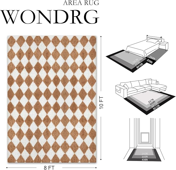 8x10 Checkered Rug for Living Room Brown and White Soft Fluffy Shag Area Rug Bedroom Vintage Plush High Pile Non Slip Fuzzy Carpet for Aesthetic Home Decor