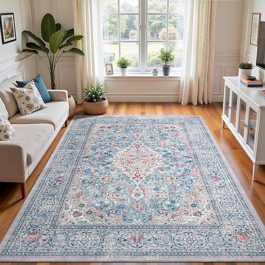 4x6 Blue Washable Boho Area Rug for Bedroom, Vintage Floral Non Slip Living Room Rugs, Soft Low Pile Indoor Mat, Aesthetic Pattern Carpet for Kitchen, Dining Room and Bedside