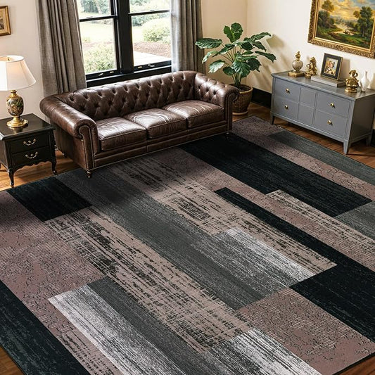 8x10 Washable Area Rugs for Living Room and Bedroom, Vintage Checkered Pattern Non-Slip Carpet, Stain Resistant Low Pile Soft Rug for Dining Room,Office,Nursery,Kids Room(8x10,Chocolate)