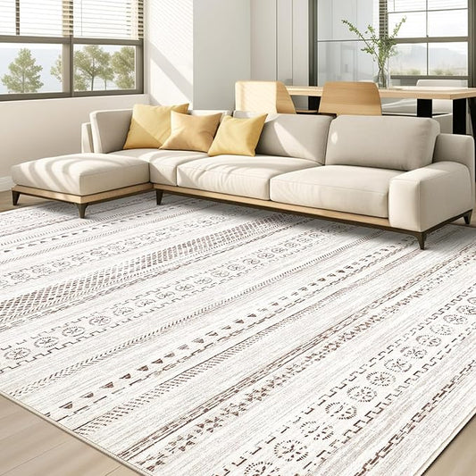 Area Rug Living Room Rugs - 10X14 Washable Boho Farmhouse Bohemian Neutral Large Moroccan Geometric Soft No Slip Indoor Thin Floor Carpet for Bedroom Under Dining Table Home Office -Brown