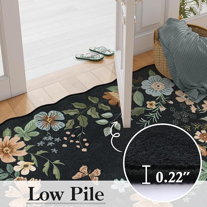 Lahome Floral Washable Round Area Rug, Soft Round Rugs 6ft Ultra-Thin Non-Slip, Boho Large Circle Carpet for Bedroom Living Room Kitchen Nursery, Black/Grey