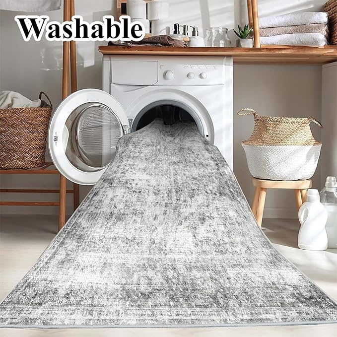 5x7 Washable Area Rug Gray Vintage Traditional Floor Cover Foldable Thin Kitchen Accent Indoor Distressed Non Slip Carpet Floral Print Mat Bedroom Living Room Bathroom