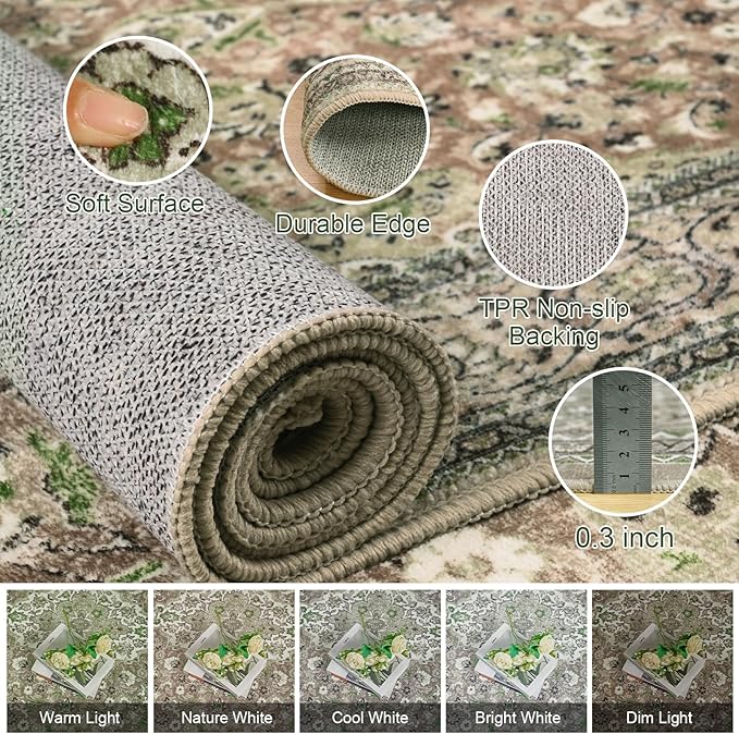 4x6 Green Washable Boho Area Rug for Bedroom, Vintage Floral Non Slip Living Room Rugs, Soft Low Pile Indoor Mat, Aesthetic Pattern Carpet for Kitchen, Dining Room and Bedside