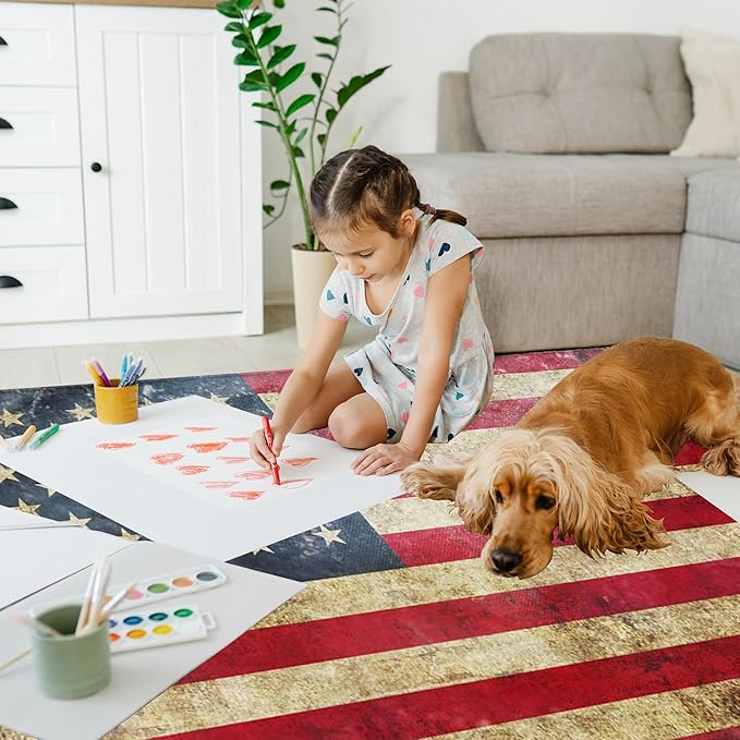 Vintage American Flag Area Rugs 5x7 Washable Area Rugs for Living Room Throw Large Bedroom Kitchen Rug Non-Slip Low-Plie Entryway Rug Floor Mat Carpet for Dining Laundry Room Office