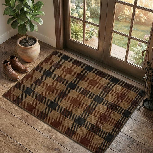 JTJ Vintage Large Door Mat Indoor Entrance - 3x4 Easy Jute Fall Rugs Outdoor for Patio, Balcony, Kitchen, Mudroom, Washable Earthy Brown and Red Checkered Elegence Décor
