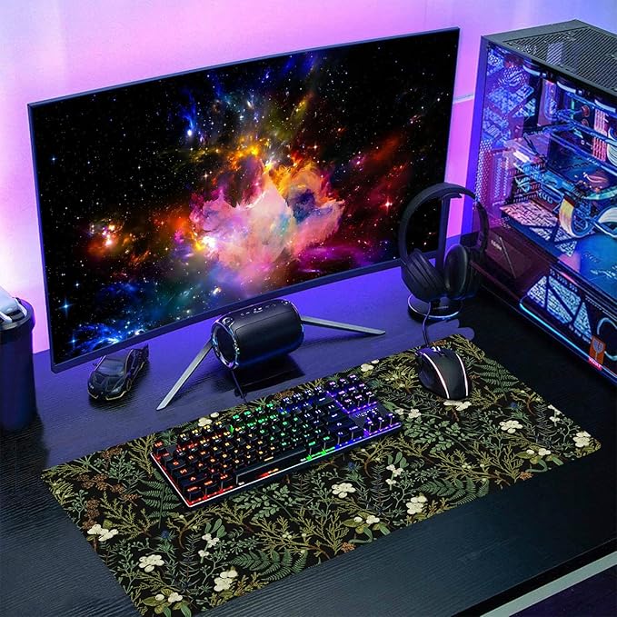 Black Aesthetic Vintage Botanical Gaming Mouse Pad Large XL Cute Forest Green Plant Nature Floral Extended Large Big Mousepad Non-Slip Stitched Edge Long Mat for Desk Computer,24x14 Inch,60x35 CM