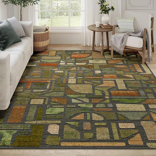 DEXDE 5x7 Area Rug, Vintage Checkered Abstract Rugs for Living Room, Non Slip Washable Large Low Pile Soft Modern Floor Carpet for Dining Room Bedroom Kitchen Office Nursery Playroom, Green