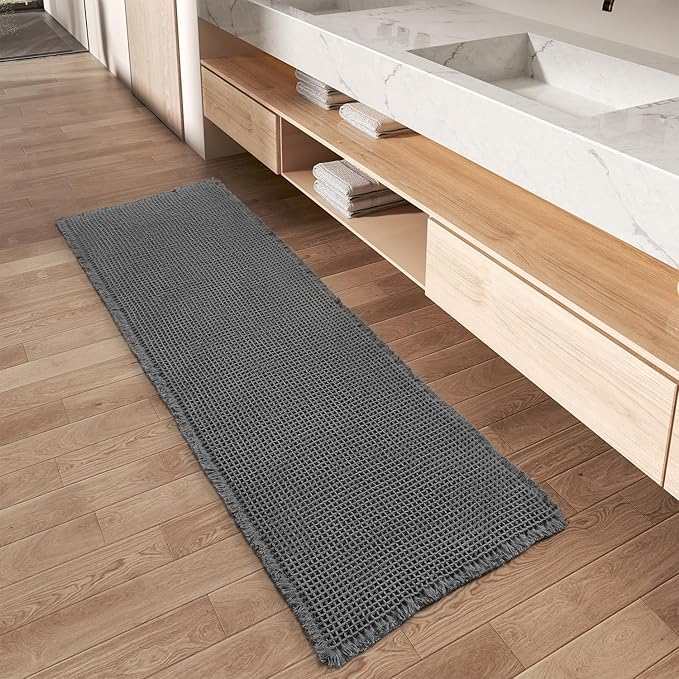 Upgraded Waffle Runner Rug, Super Absorbent Non Slip Bath Mats for Bathroom Floor, Washable Bathroom Runner Rug with Tassels, Ideal for Hallway Bedroom Laundry Room, Dark Grey, 2'x 5'(24" x 60")