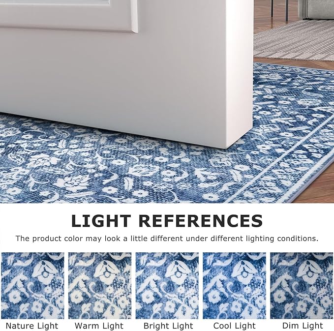 Blue and White Round Rug 6 Ft Rugs for Entryway Washable Circle Rug Non Slip Round Living Room Rugs Printed Faux Wool Vintage Round Dining Room Floor Carpet for Living Room, Bedroom