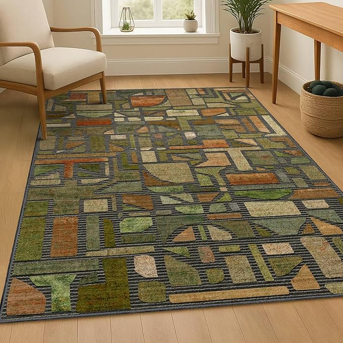 DEXDE Area Rug 3x5, Vintage Checkered Abstract Rugs for Living Room, Washable Modern Non Slip Soft Low Pile Indoor Floor Carpet for Bedroom Office Nursery Bedside Dining, Green