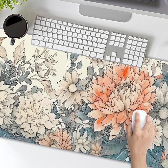 Japanese Aesthetic Floral Gaming Mouse Pad XXL Vintage Orange White Flowers Extended Large Mat Mousepad Desk Pad Non-Slip Rubber Base Stitched Edge Keyboard Pad Playmat for Computer,35.4×15.7 Inch