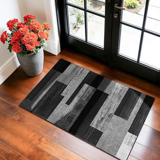 2x3 Washable Entryway Rug,Non-Slip Indoor Door Mat with Vintage Checkered Pattern, Stain & Water Resistant Faux Wool Low Pile for Front Door,Hall,Kitchen,Bathroom - Easy Clean(2x3,Gray)