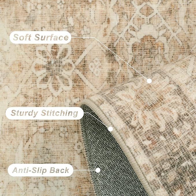 2x8 Runner Rug Beige Vintage Washable Runner Rugs for Hallway Kitchen Low Pile Non-Slip Retro Distressed Accent Throw Carpet for Entryway Bathroom Bedroom Beige