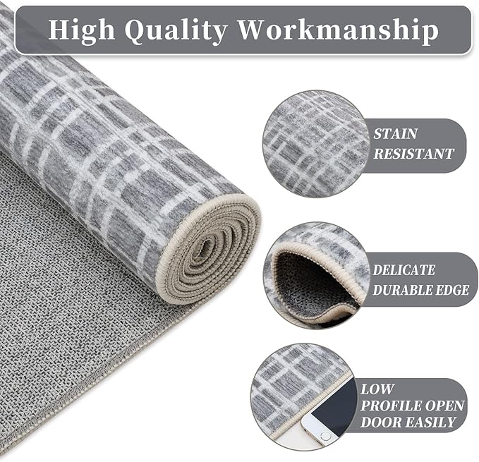 Washable Runner Rug for Entryway 2x6 Modern Plaid Non Slip Kitchen Rug Bathroom Rugs Grid Throw Rugs Soft Faux Wool Stain Resistant Carpet for Laundry Hallway Bedside 2'x6' Grey