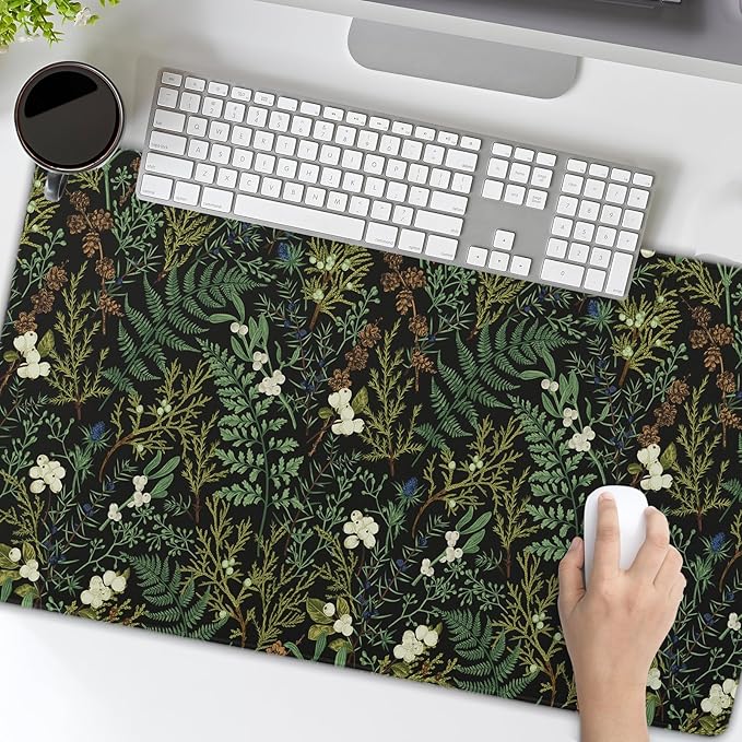Black Aesthetic Vintage Botanical Gaming Mouse Pad Large XL Cute Forest Green Plant Nature Floral Extended Large Big Mousepad Non-Slip Stitched Edge Long Mat for Desk Computer,24x14 Inch,60x35 CM