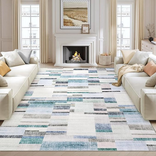Washable Rugs 9x12 Area Rug for Bedroom Geometric Modern Rug Non Slip Throw Rugs Large Living Room Rug Low Pile Soft Stain Resistant Carpet for Nursery Dining Room 9'x12' Blue
