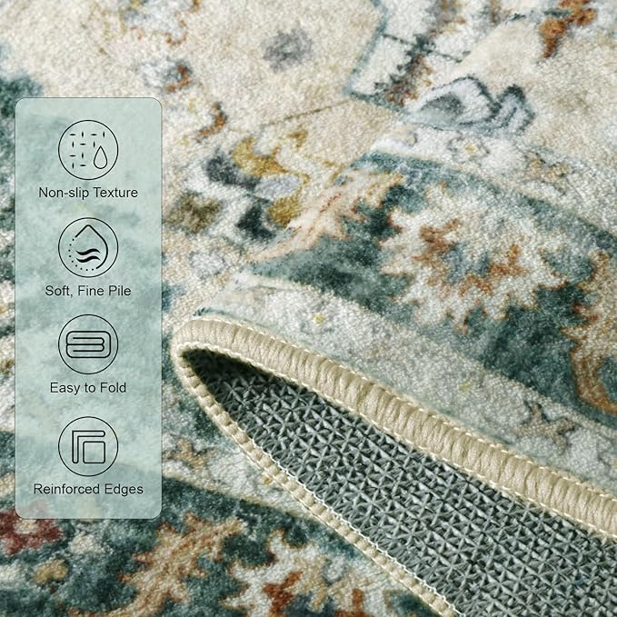 Area Rugs 5x7, Washable Rugs for Living Room, Non-Slip Rug, Boho Medallion Rug, Distressed Carpet, Low Pile Boho Rugs for Bedroom Dining Room