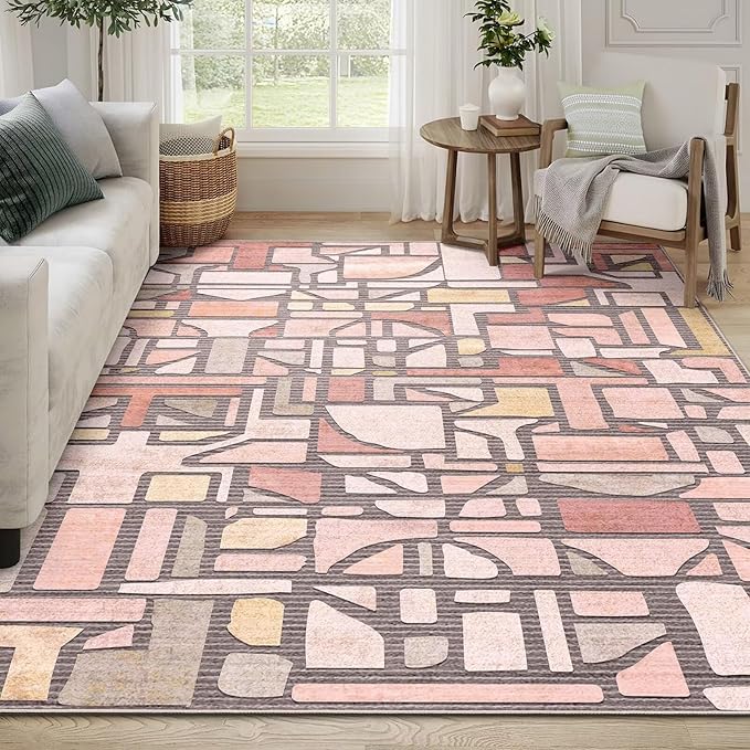 DEXDE 5x7 Area Rug, Vintage Checkered Abstract Rugs for Living Room, Non Slip Washable Large Low Pile Soft Modern Floor Carpet for Dining Room Bedroom Kitchen Office Nursery Playroom, Pink