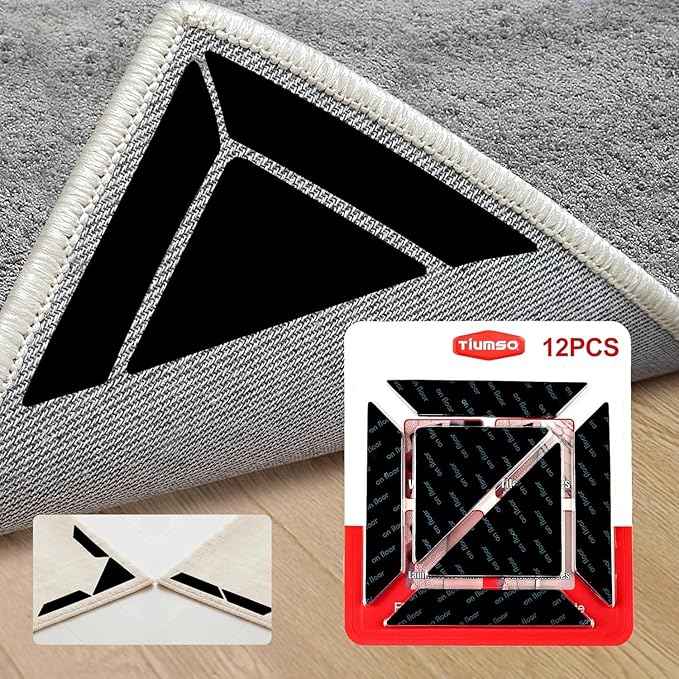 12Pcs Rug Gripper, Double Sided Carpet Tape for Area Rugs, Non Slip Rug Pads Grippers for Hardwood Floors, Rug Pad for Preventing Curling and Bunching, Black