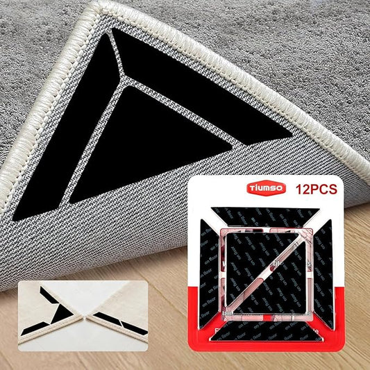 12Pcs Rug Gripper, Double Sided Carpet Tape for Area Rugs, Non Slip Rug Pads Grippers for Hardwood Floors, Rug Pad for Preventing Curling and Bunching, Black
