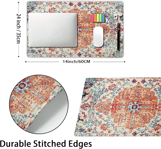Orange Teal Boho Gaming Mouse Pad Extended 20x14 Inch Rug Carpet Bohemian Retro Large Desk Mat Big Mousepad Non-Slip Rubber Base Stitched Edge Long Desk Pad for Desktop Office PC Gamer,60x35 cm