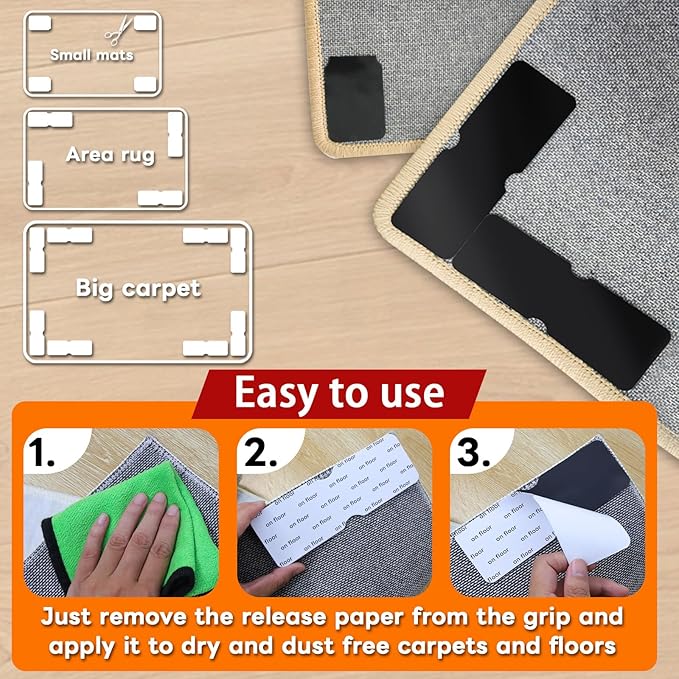 Rug Non Slip Grippers, Reusable Rug Tape Pads for Hardwood Floors, Tiles, No Residue Stickers for Wood Floor, Double Adhesive Carpet Tape for Area Rugs Corners Flat (16)