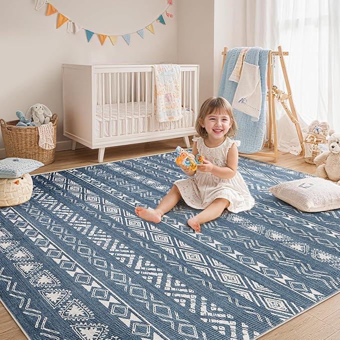 Area Rug Living Room Rugs - 6X9 Washable Boho Farmhouse Bohemian Neutral Large Moroccan Geometric Soft No Slip Indoor Thin Floor Carpet for Bedroom Under Dining Table Home Office -Blue