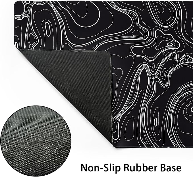 Topographic Map Black Gaming Mouse Pad XXL Minimalist Topo Geographic White Lines Extended Large Mousepad Desk Pad Non-Slip Rubber Base Stitched Edge Keyboard Pad Playmat for Computer,35.4×15.7 in