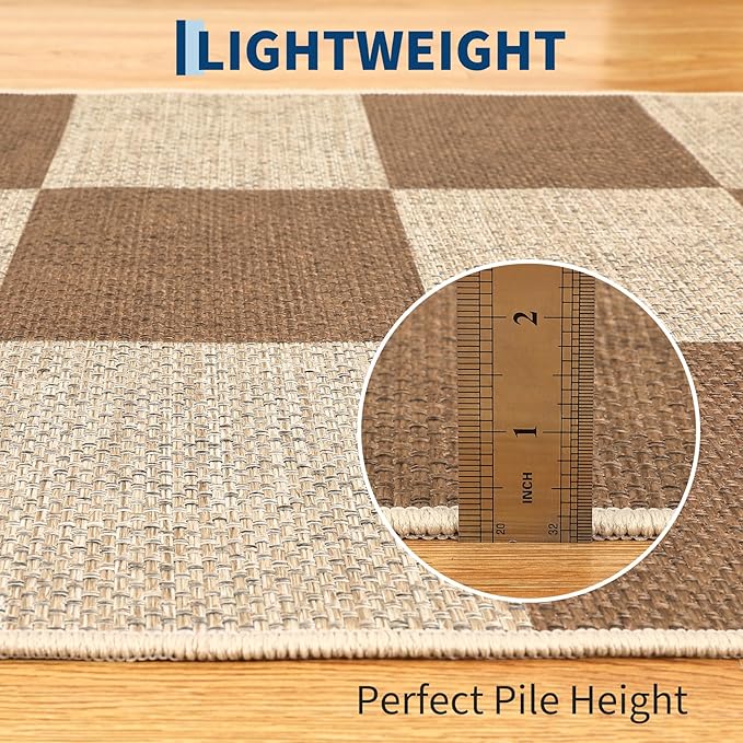GAOMON 8x10 Rug Non Skid Throw Rugs Bedroom Neutral Area Rugs for Living Room Washable Jute Rug for Dining Room Modern Checkerboard Area Rug for Classroom Stain Resistant Farmhouse Rugs Brown