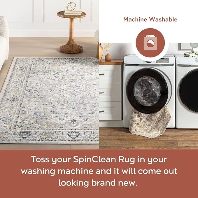 nuLOOM SpinClean Cady Blue/Cream, 5'3" x 7'6", Vintage Oriental, Soft and Cozy, High Traffic, Stain Resistant, Easy Clean, Durable, Machine Washable Runner for Bedroom, Living Room, Dining, Foyer