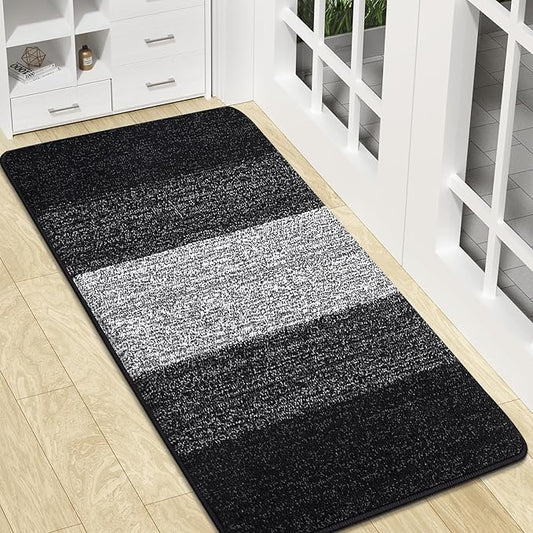 Kitinjoy Indoor Outdoor Door Mat, 47x17 Non-Slip Absorbent Dirt Trapper, Low-Profile Washable Inside Entrance Front Floor Mat, Sturdy Soft Entry Doormats for Entryway, Black