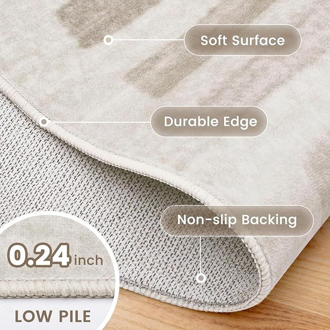 Washable Area Rugs,5x7ft Soft Rug for Living Room and Bedroom Vintage Striped Rug Stain Resistant with Non Slip Backing Geometric Checkered Foldable Print Mat for Home Decor