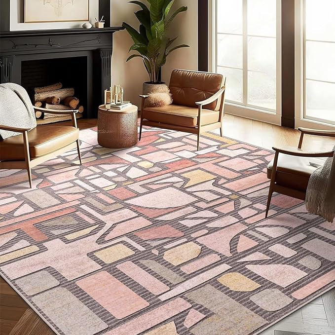 DEXDE 5x7 Area Rug, Vintage Checkered Abstract Rugs for Living Room, Non Slip Washable Large Low Pile Soft Modern Floor Carpet for Dining Room Bedroom Kitchen Office Nursery Playroom, Pink