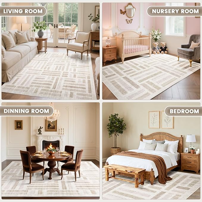 Washable Area Rugs, 2x3ft Soft Rug for Living Room and Bedroom Vintage Striped Rug Stain Resistant with Non Slip Backing Geometric Checkered Foldable Print Mat for Home Decor