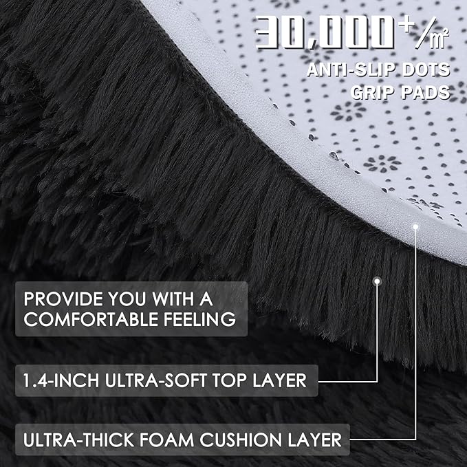 OLANLY Black Round Rugs for Bedroom - Machine Washable, 5 ft Circle Area Rugs for Living Room, Soft and Fluffy Shaggy Carpet for Teen Girls and Boys, Nursery Rooms, Dorms, Home Decor Aesthetic