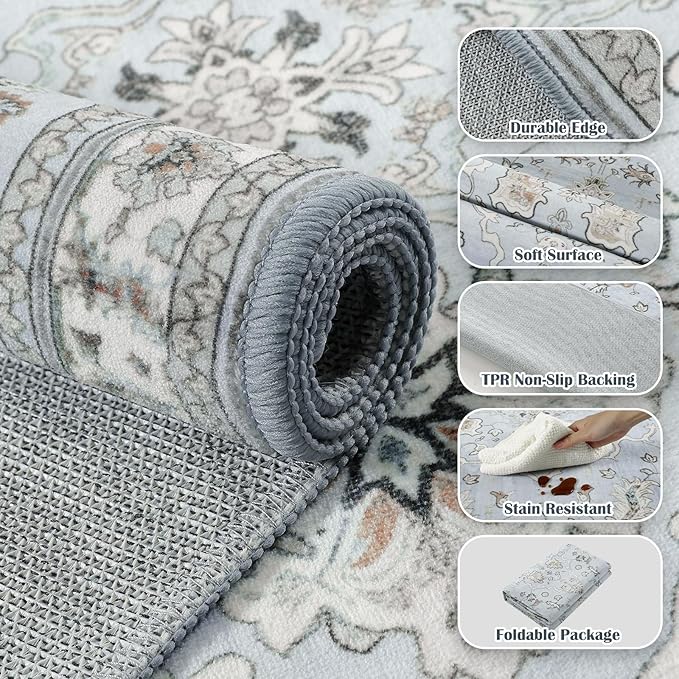 5x7 Light Blue Washable Boho Area Rug for Living Room, Vintage Floral Non Slip Bedroom Rugs, Wool Low Pile Indoor Mat, Aesthetic Pattern Carpet for Kitchen, Office and Kids Room