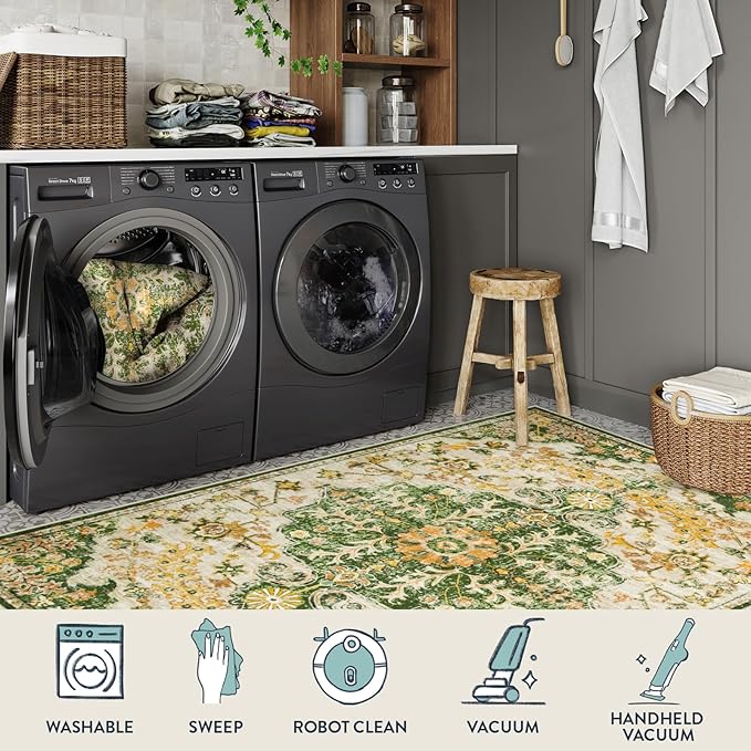 Lahome Bohemian Floral Medallion Area Rug - 3x5 Soft Rug for Bedroom Living Room Mat, Cute Washable Indoor Floor Throw Carpet for Office Entry Way Apartment Dressing Room RV, Yellow/Green/Multi